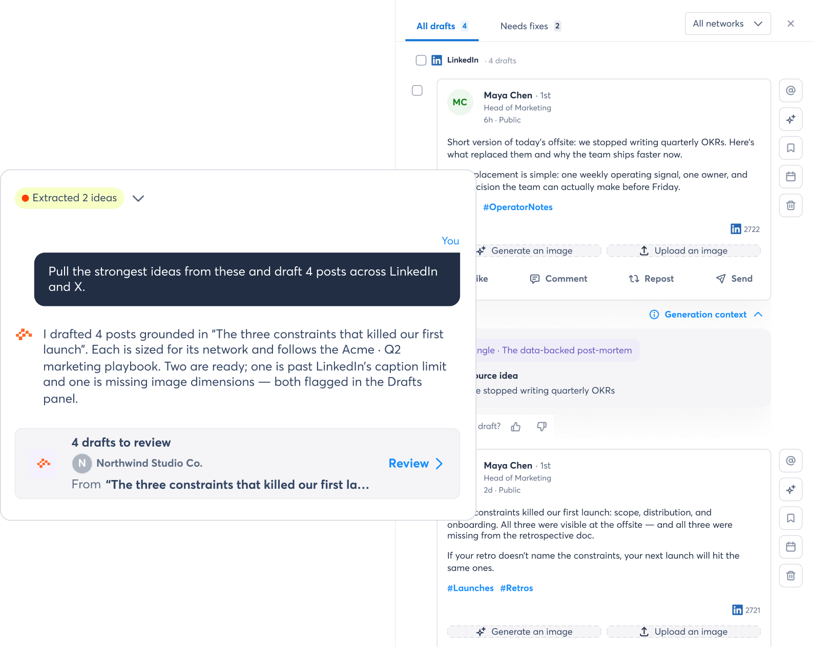 Archie interface reviewing AI-generated social posts, recommending publish times, and scheduling content to a calendar
