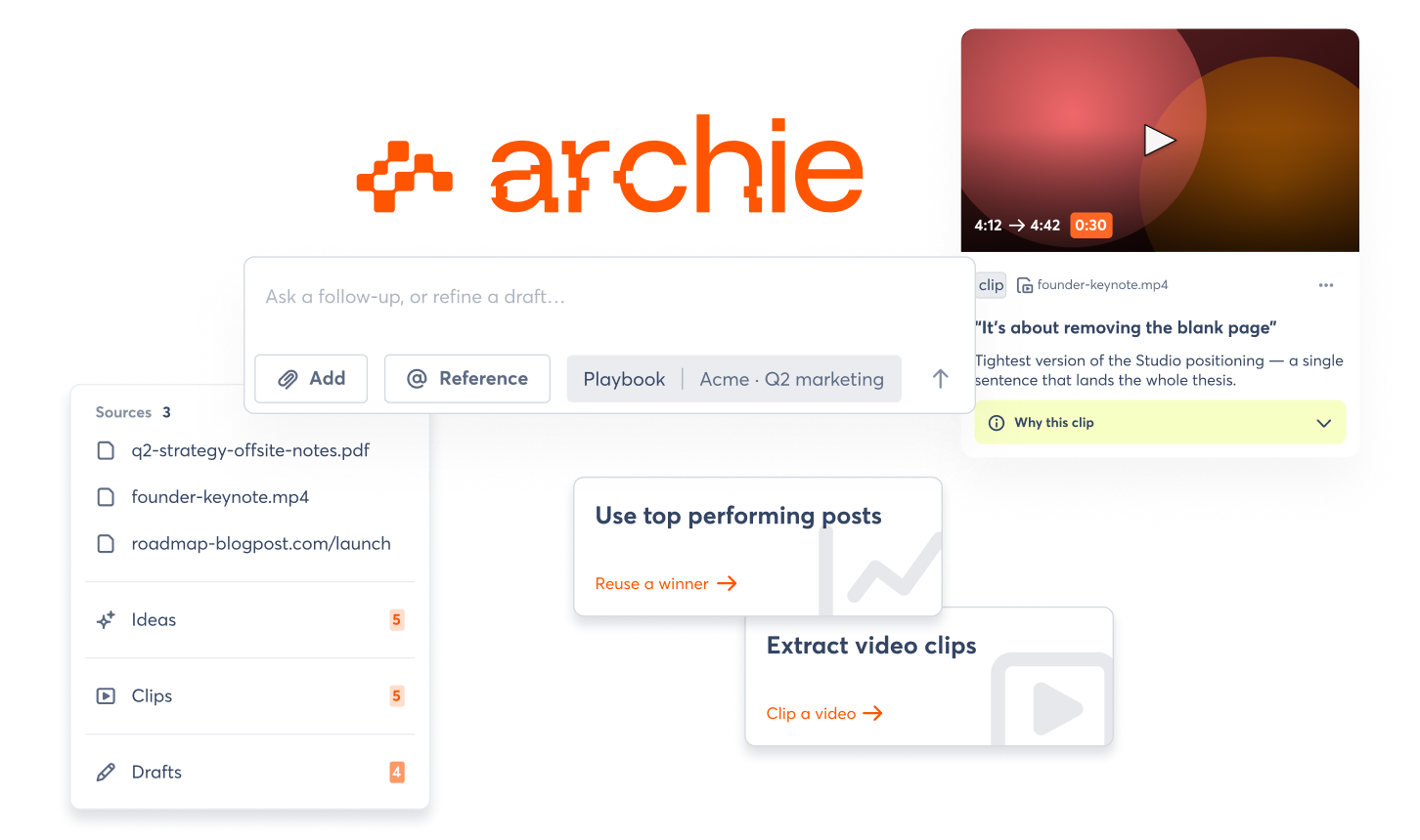 Archie Benutzeroberfläche für KI-gestütztes Content Repurposing, die Webinare, Videos, Artikel und Dokumente in markengerechte Social-Media-Beiträge verwandelt