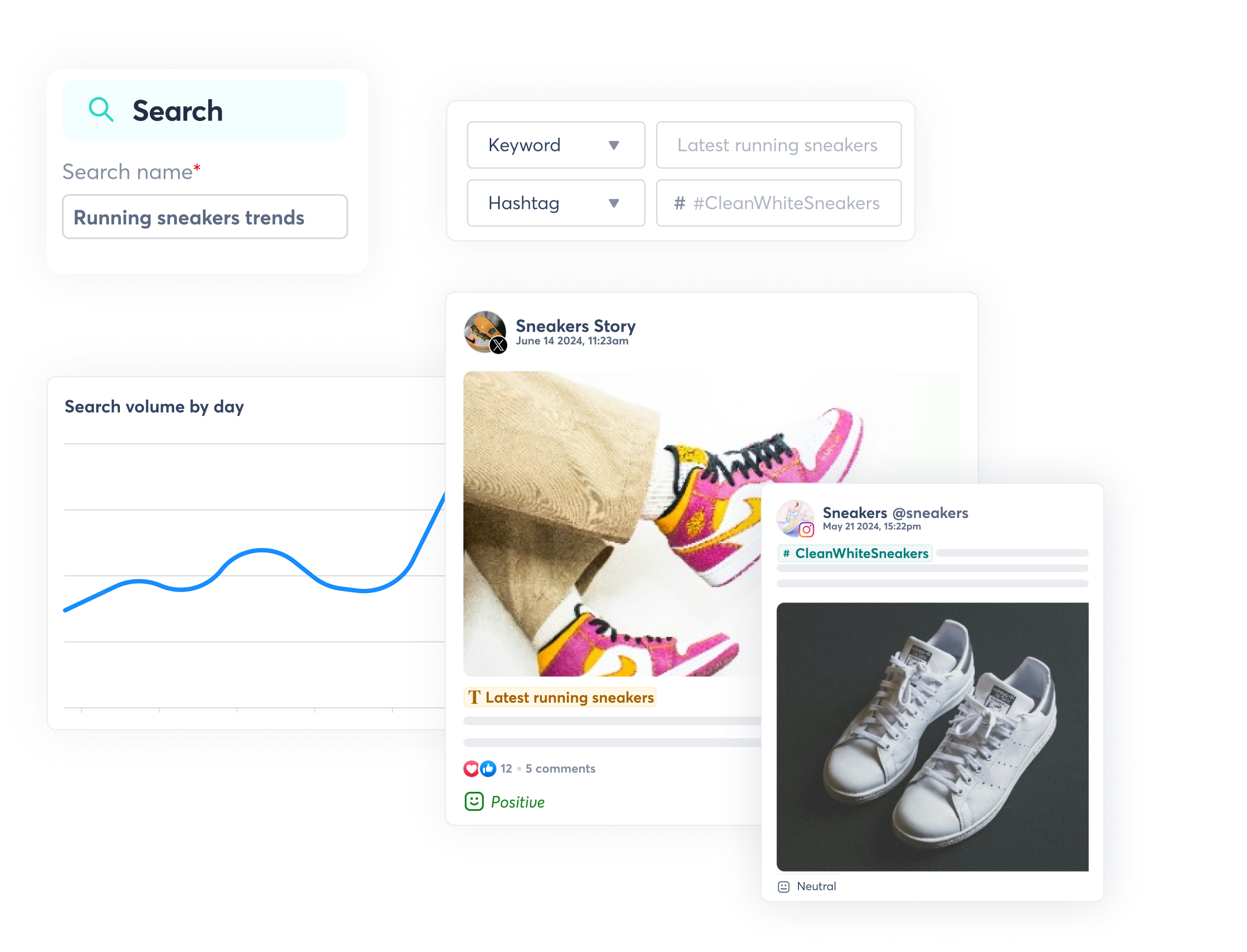 product screens showing how to search through keywords, and hashtags around current and future topics that matter