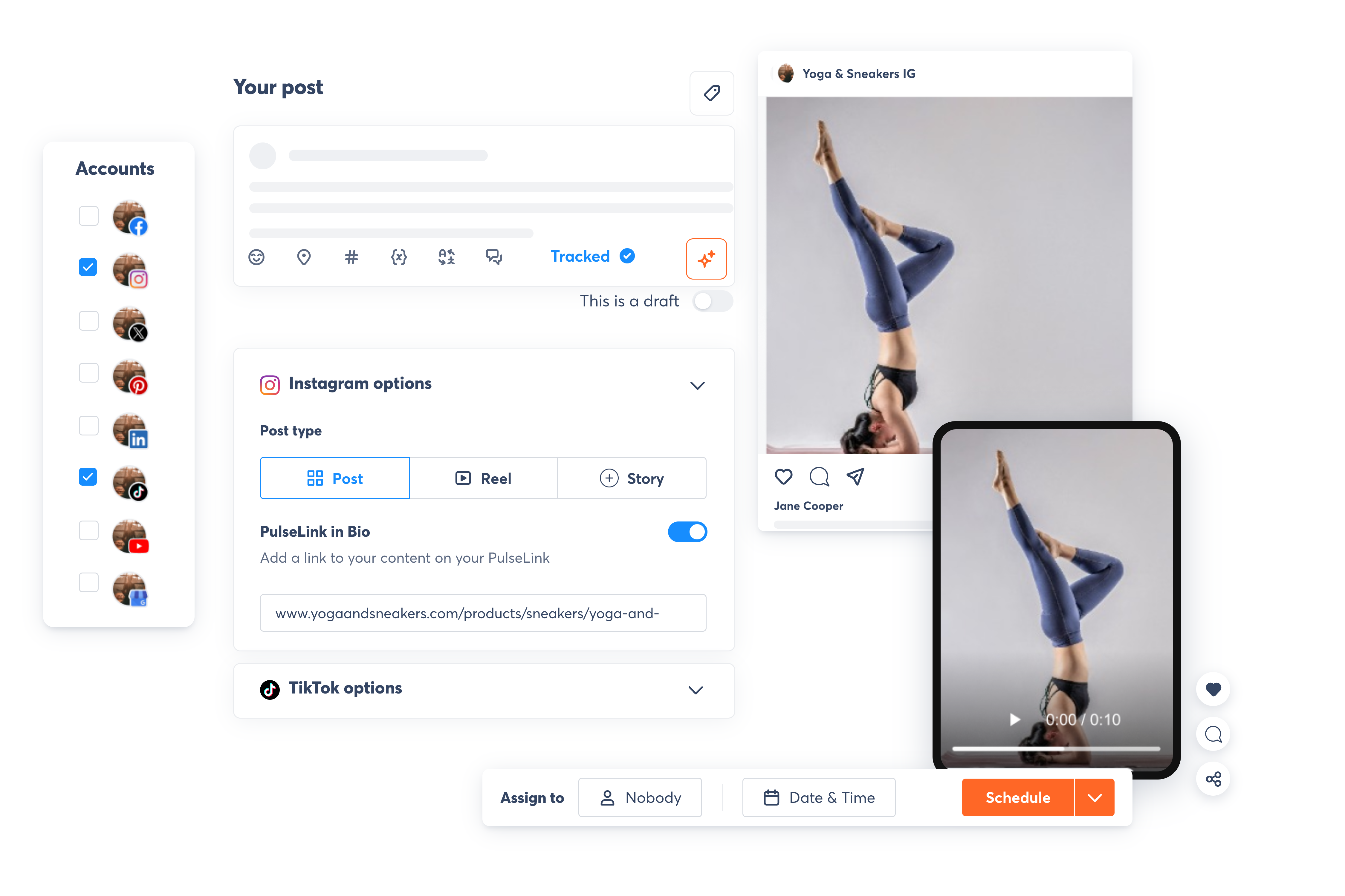 product screens showing how to auto-publish content on social platforms