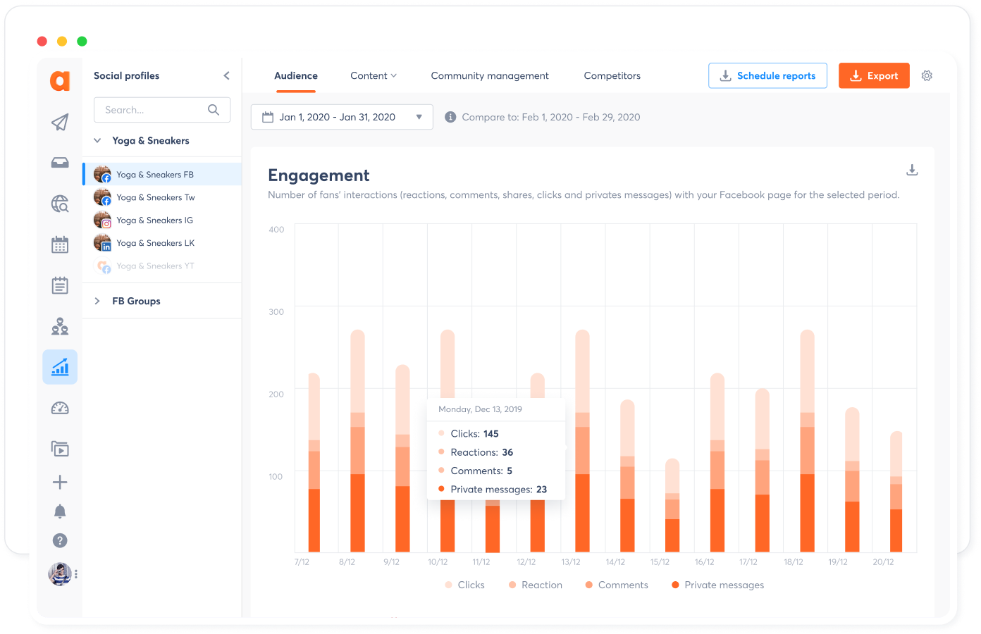 A view of an engagement report from Agorapulse social media reports