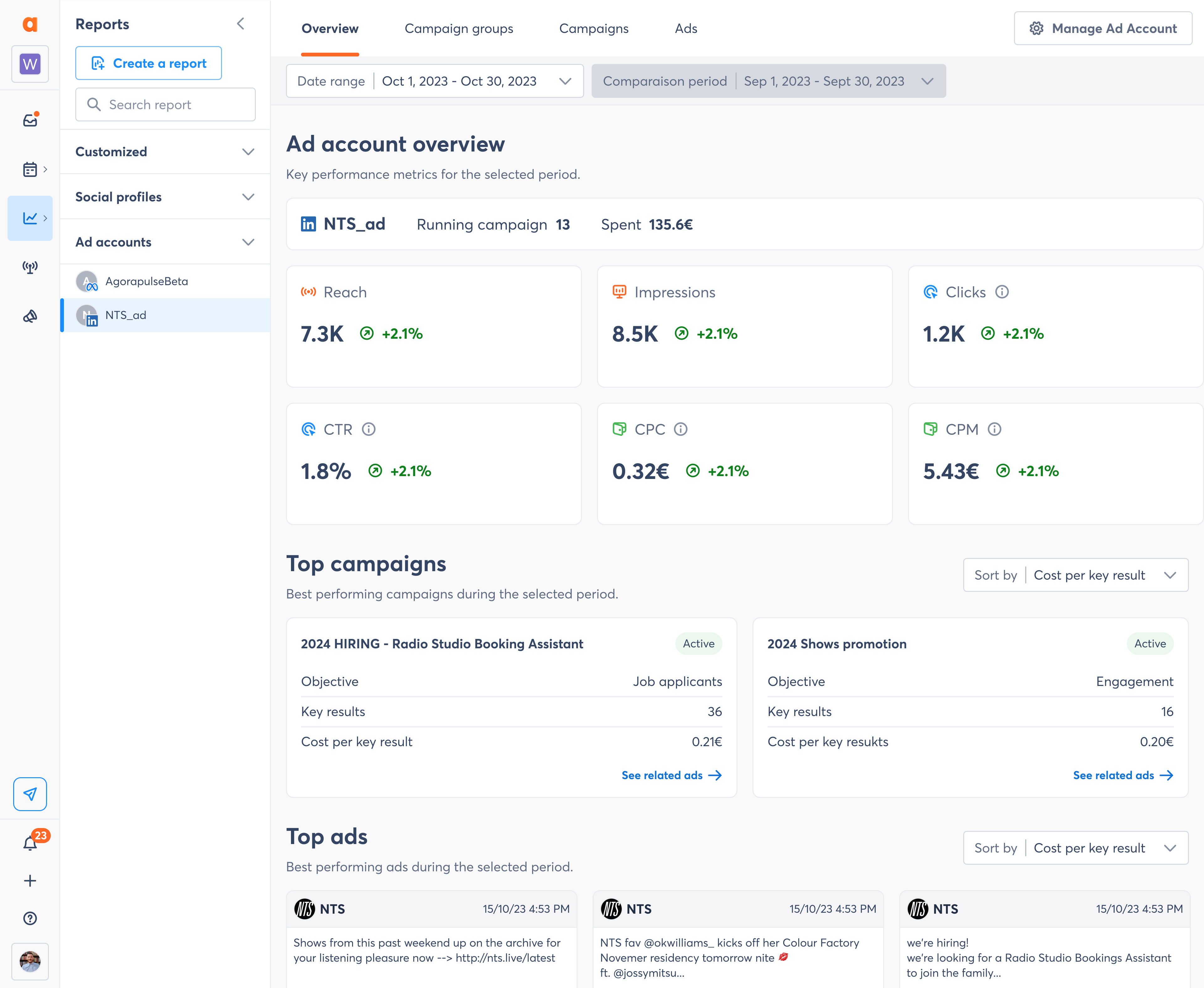 Tableau de bord LinkedIn sur Agorapulse affichant les performances des contenus sponsorisés et organiques avec options de filtrage par date. Tableau de bord LinkedIn sur Agorapulse affichant les performances des contenus sponsorisés et organiques avec options de filtrage par date.